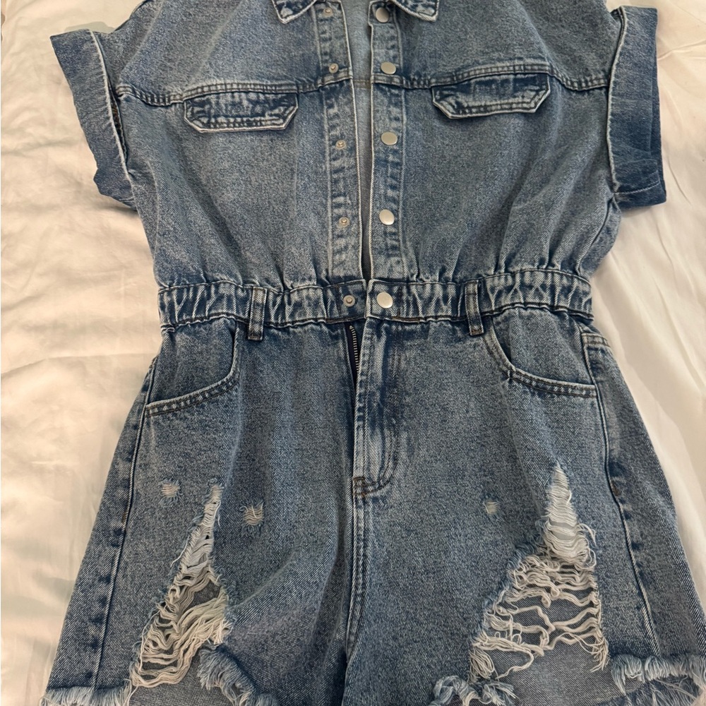 Denim Button-Up Romper with Distressed Details